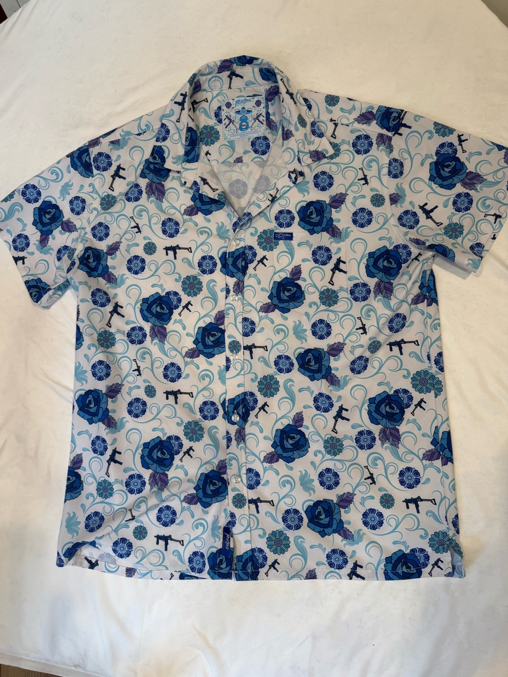 Retro Rifle 2XL Blue Rose Gun Print Button Up Shirt Floral Stretch XXL